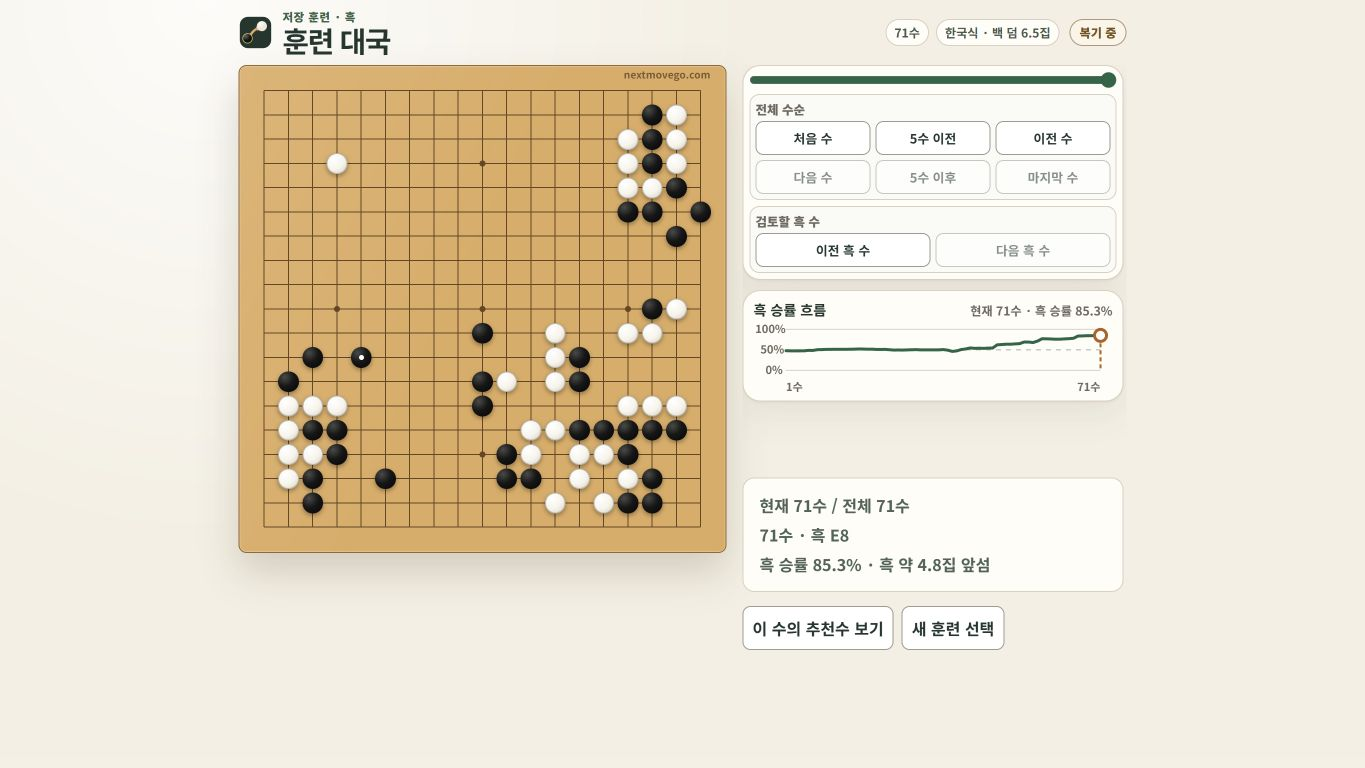다음 한수에서 바둑판과 흑 승률 변화, 추천 수 검토 화면을 함께 표시한 모습
